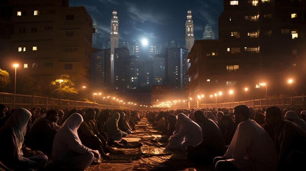 Muslim people perform Tarawih prayer at night