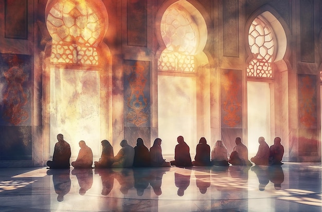 Muslim people praying inside the mosque to welcome Ramadan Kareem background Concept of prayer