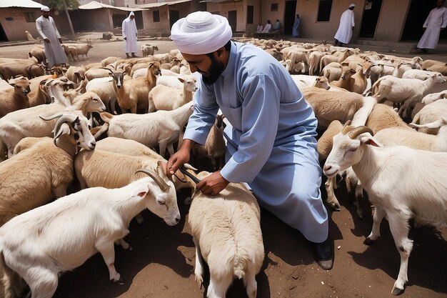 Photo muslim performing halal slaughtering of goat or lamb during eid aladha al mubarak