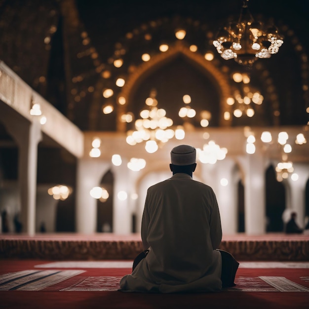 A Muslim pilgrim sitting in a mosque while Islamic dressed