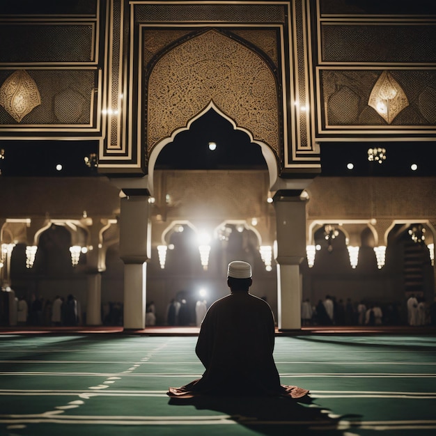 A Muslim pilgrim sitting in a mosque while Islamic dressed