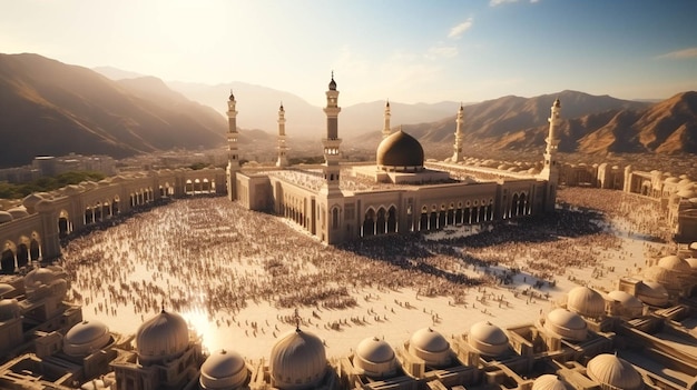 Muslim populer Kaaba in the middle and crowd of Muslim people all over the world praying around the Kaaba in Macca