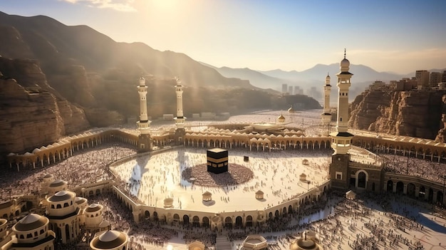 真ん中にあるイスラム教徒の人気のカーバ神殿と、マッカのカーバ神殿の周りで祈る世界中のイスラム教徒の群衆