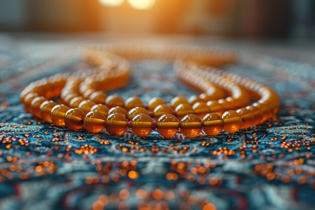 Photo muslim prayer beads laid gently on a prayer mat the beads outline softens