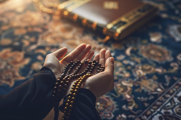 Muslim prayer beads and Quran spirituality theme