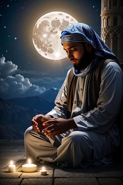 Muslim prayer beside moon Wallpapers_ai generated