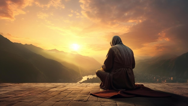 A Muslim prayer praying at sunset