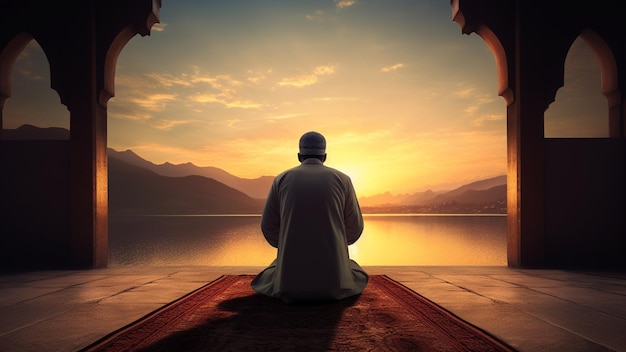 A Muslim prayer praying at sunset