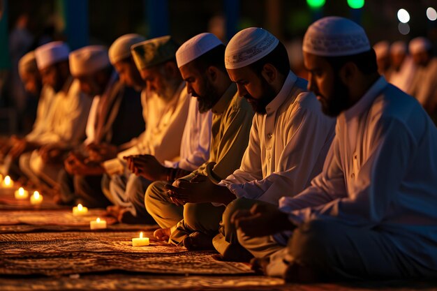 写真 イスラム教徒がラマダンの夜にモスクの前で座って祈っている 選択的な焦点ニューラルネットワークが生成した画像