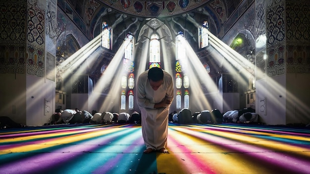 Muslim praying inside beautiful mosque