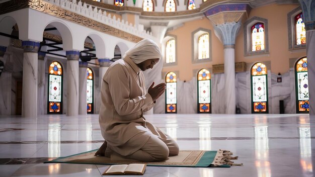Мусульмане молятся в красивой мечети.