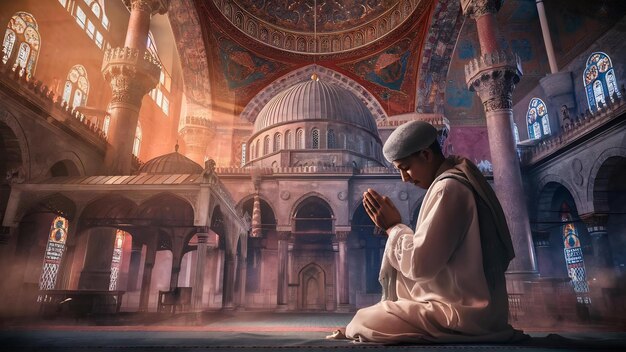 Muslim praying inside beautiful mosque