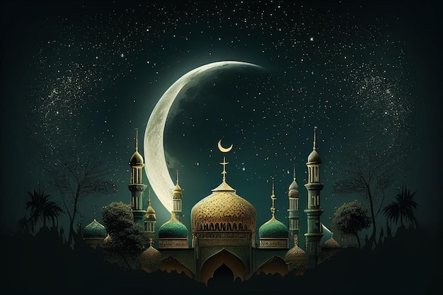 Muslim ramadan mosque illustration glitter green and golden mosque with the moon generative ai