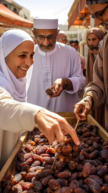 Muslim in traditional arab clothes selling dates in a market