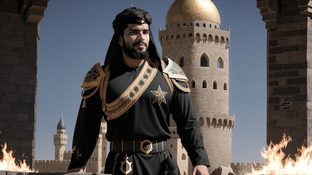 Muslim warrior in armor in a war fortress