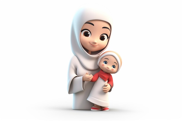 A muslim woman and a baby cartoon 3d white background