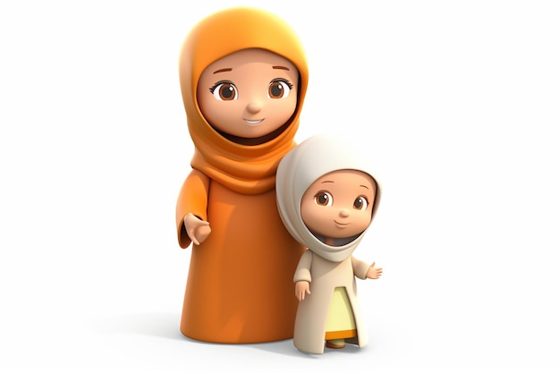 a muslim woman and a baby cartoon 3d white background