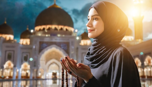 Мусульманская женщина в черном хиджабе выполняет мусульманскую молитву с открытыми руками и коричневыми молитвенными бусинками.