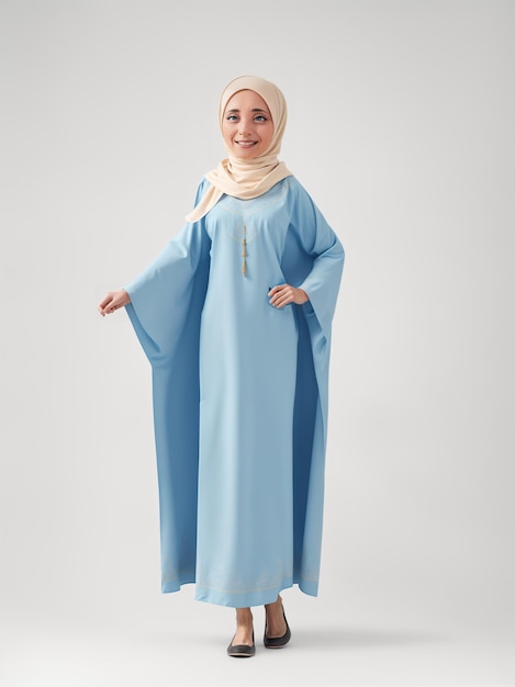 a muslim woman in a blue dress