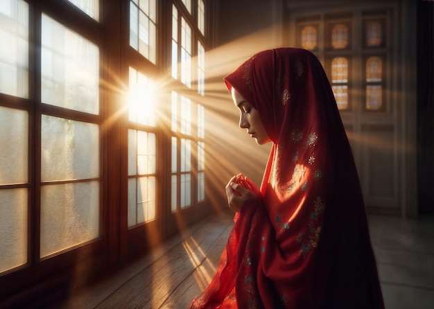 A Muslim woman covered in a red veil kneels in prayer as the suns rays filter through a nearby window