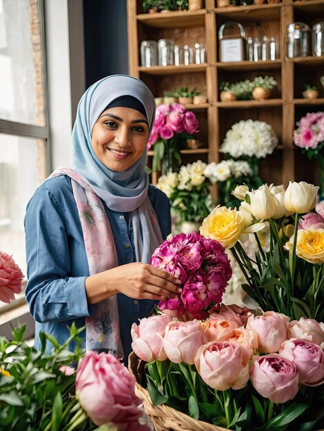 Muslim woman florist collects bouquet of pions fresh cut flowers in vases in flower shop and racks for sale delivery for the holiday Spring March 8 womens Day birthday AI generated