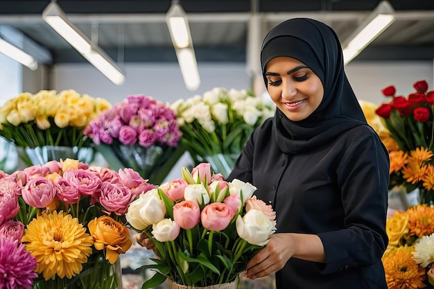 Photo muslim woman florist collects bouquet of pions fresh cut flowers in vases in flower shop and racks for sale delivery for the holiday spring march 8 womens day birthday ai generated