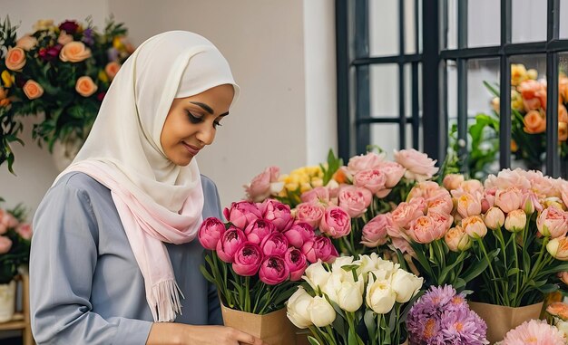 Muslim woman florist collects bouquet of pions fresh cut flowers in vases in flower shop and racks for sale delivery for the holiday Spring March 8 womens Day birthday AI generated