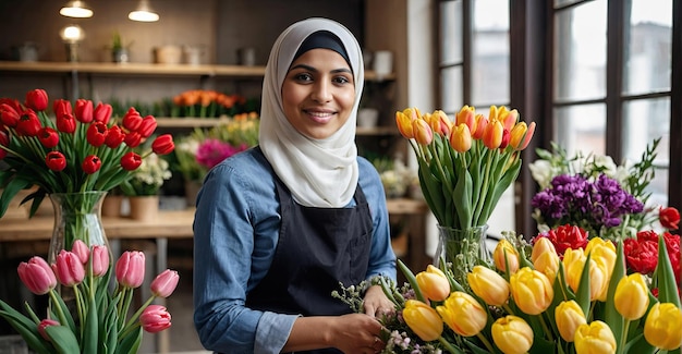 Muslim woman florist collects bouquet of tulips fresh cut flowers in boxes and vases in flower shop and racks for sale delivery for the holiday Spring March 8 womens Day birthday AI generated