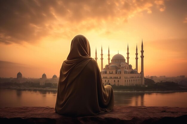 muslim woman in front of a mosque sunset