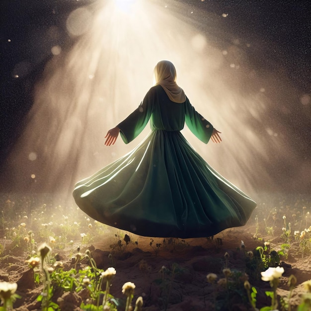 Muslim Woman in Green Dress Enchanting Scene with Ray Tracing and Dramatic Lighting