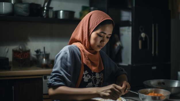 ヒジャーブを着たイスラム教徒の女性が自宅のキッチンで料理を作る キッチンで美しい若いアジアのイスラム教徒の女性 ジェネレーティブ AI