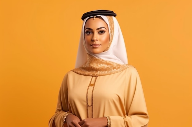 Muslim woman in hijab looking at camera isolated over yellow background generative ai