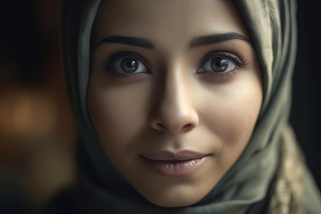 히잡을 쓴 무슬림 여성이 카메라를 보고 있다