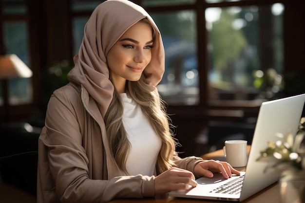 Muslim woman in hijab made success business in freelance career sitting at the laptop ai generated