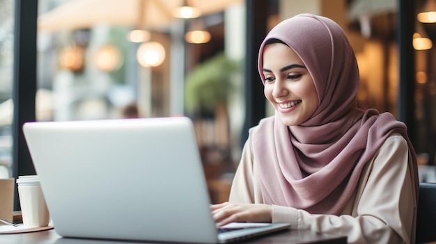 Muslim woman in hijab operating a laptop