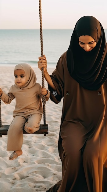 A muslim woman in a hijab plays on a swing on the beach.