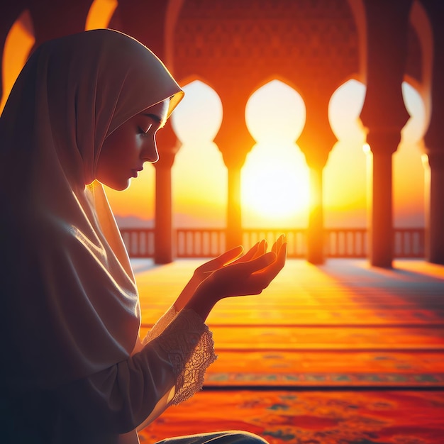 Photo muslim woman in hijab praying in mosque