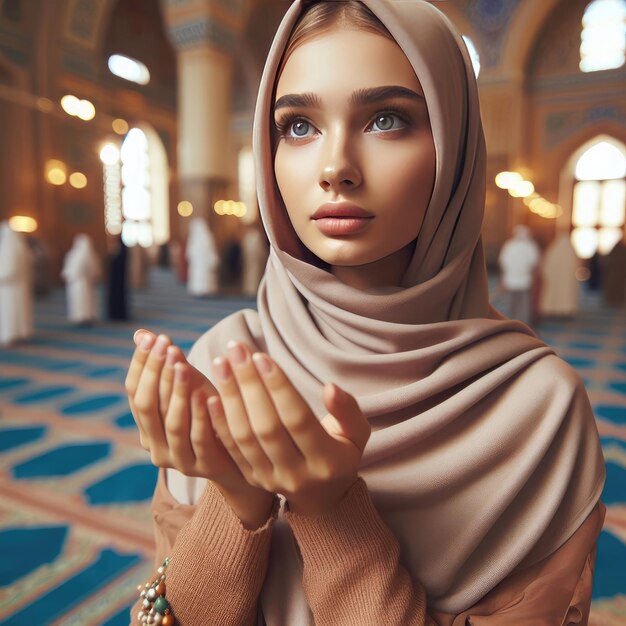 Muslim woman in hijab praying in mosque