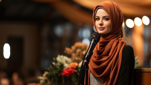 ヒジャブを着たイスラム教徒の女性が演壇でマイクに向かって話し、会議での自分の立場を表明する