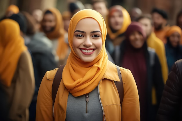 A Muslim woman in a hijab with a happy face stands and smiles with a confident smile against the background of other people