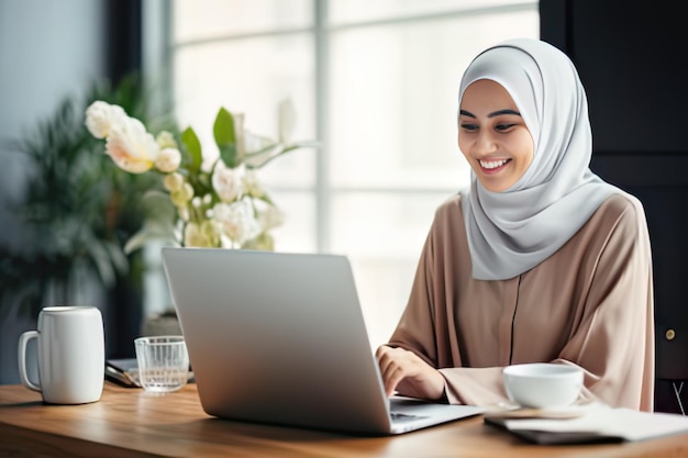 Photo muslim woman in hijab working comfortably from her home office with a laptop remote job concept