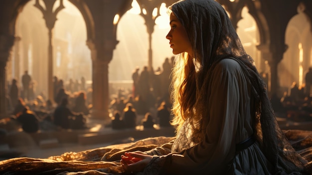 Muslim woman is praying in the mosque