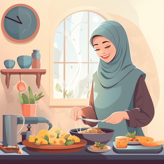 Photo a muslim woman is preparing to cook breakfast for her family