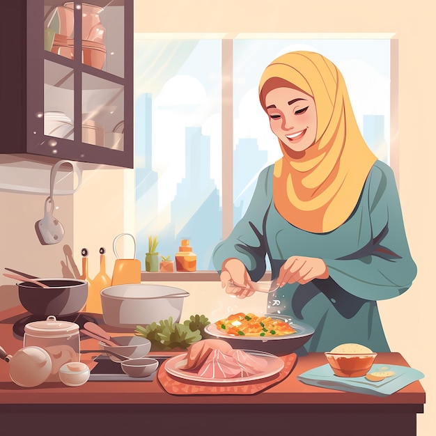 Photo a muslim woman is preparing to cook breakfast for her family