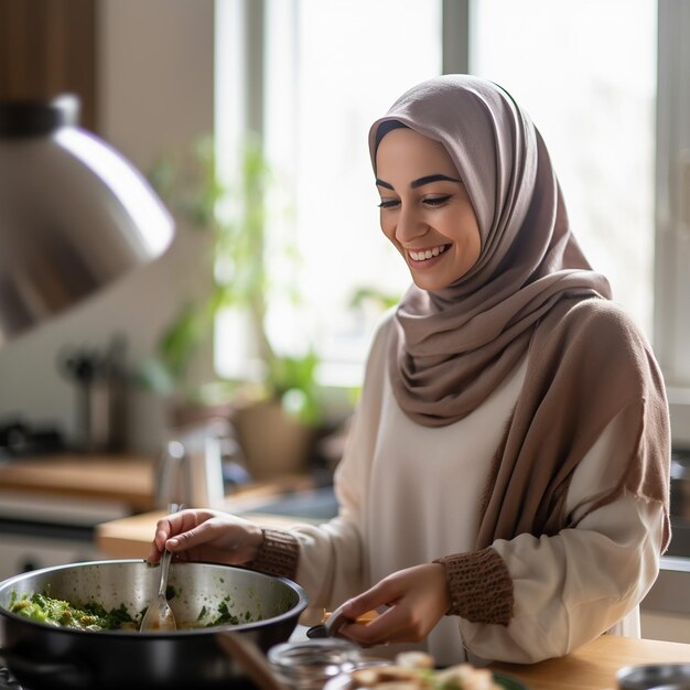 Photo a muslim woman is preparing to cook breakfast for her family