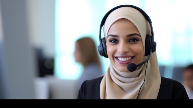 A muslim woman in jijab is wearing a headset call center operator working in call center