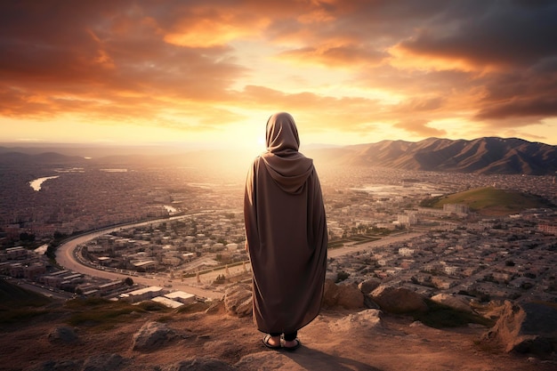 Photo muslim woman meditating contemplating the sunset