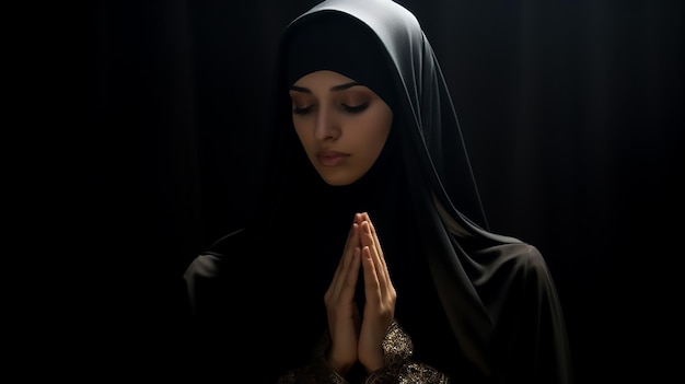 A muslim woman praying in a black abaya with hijab