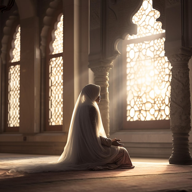 Photo a muslim woman praying inside the mosque