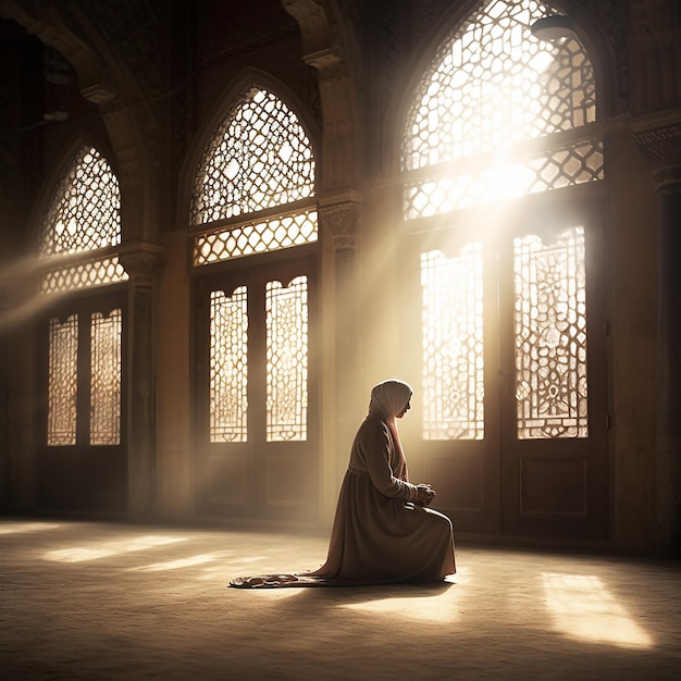 Photo a muslim woman praying inside the mosque